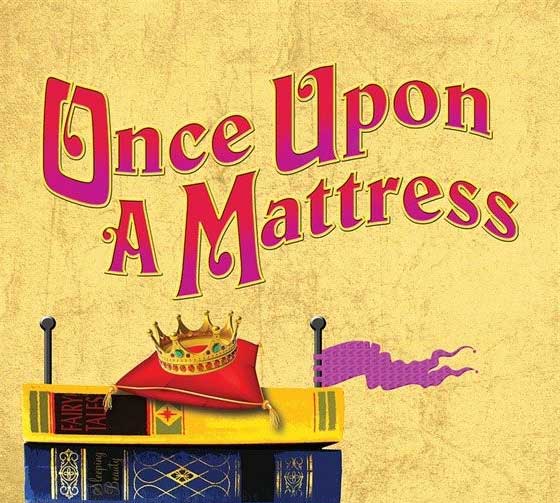 Once upon a mattress logo with stack of books and crown on top