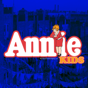 Annie kids logo with cartoon orphan Annie on blue toned tenement yard photo