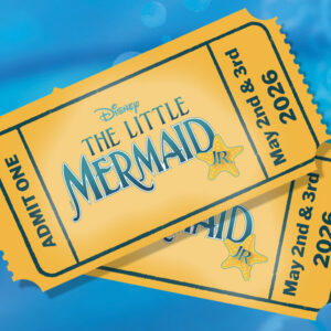 two tickets with the words The little mermaid junior and admit one on them. the tickets are floating in the water